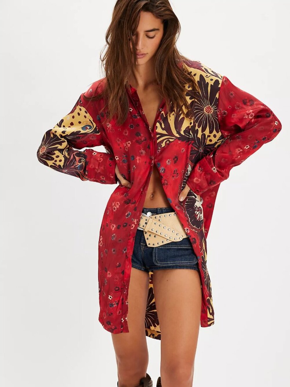 Free People Off The Vine Button Down, Ruby Butterfly Combo L